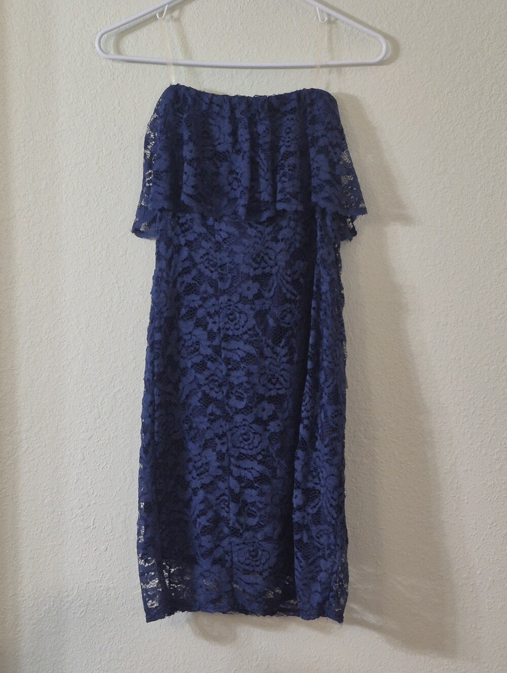 Strapless Lace Ruffle Dress in Navy Blue
